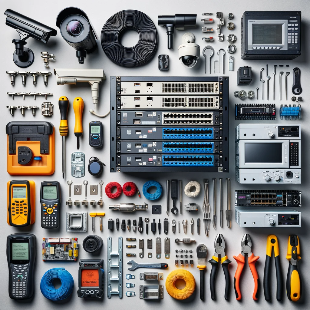 DALL·E 2023-10-29 11.45.52 - Photo showcasing a variety of tools used for specialized installations. On one side, tools for CCTV setup like camera brackets, cable connectors, and